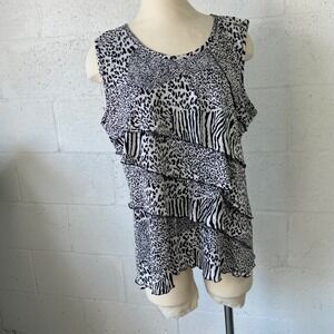 Ashley J Womens Black White Animal Print Tiered Ruffled Tank Top 1X